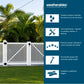 A promotional graphic for Weatherables fencing and rolling, showing a white slat fence installed in a backyard with palm trees and grass on the left, and a dark blue text panel on the right listing product benefits with icons.