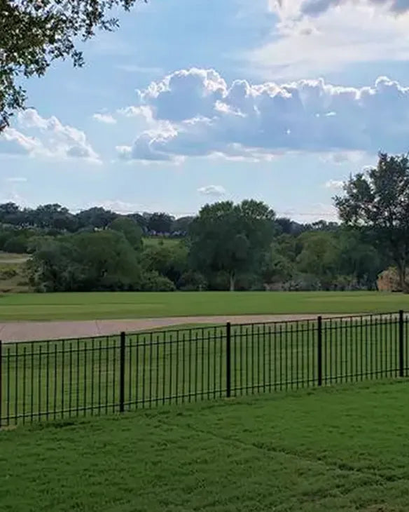 Lawn with a black metal fence and trees under a blue sky with clouds.