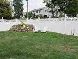Backyard with white picket fence, garden bed, and house in the background