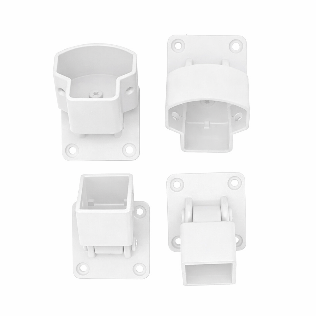 Set of four white window bracket components on a white background